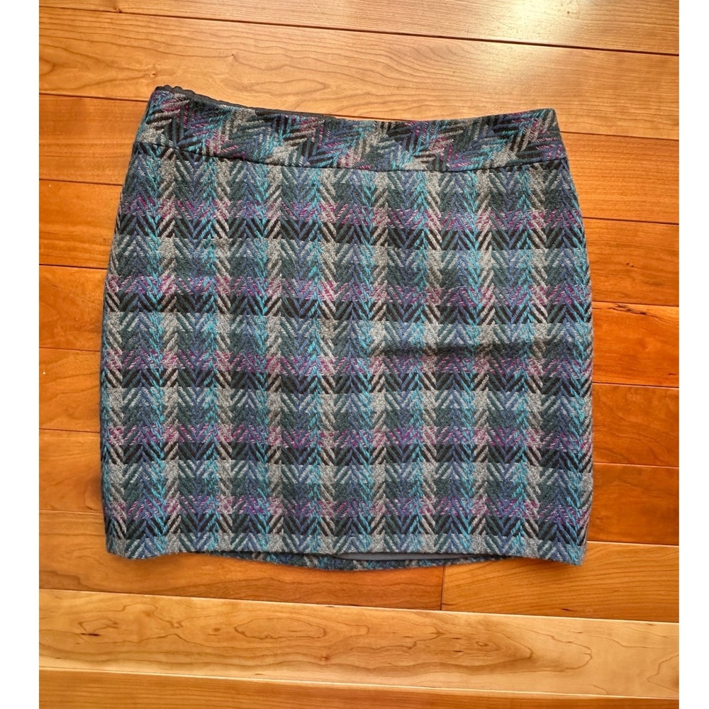 LLโ Bean Womens Wool Blend Plaid Mini Skirt Blue Grey Herringbone Size 6 283889